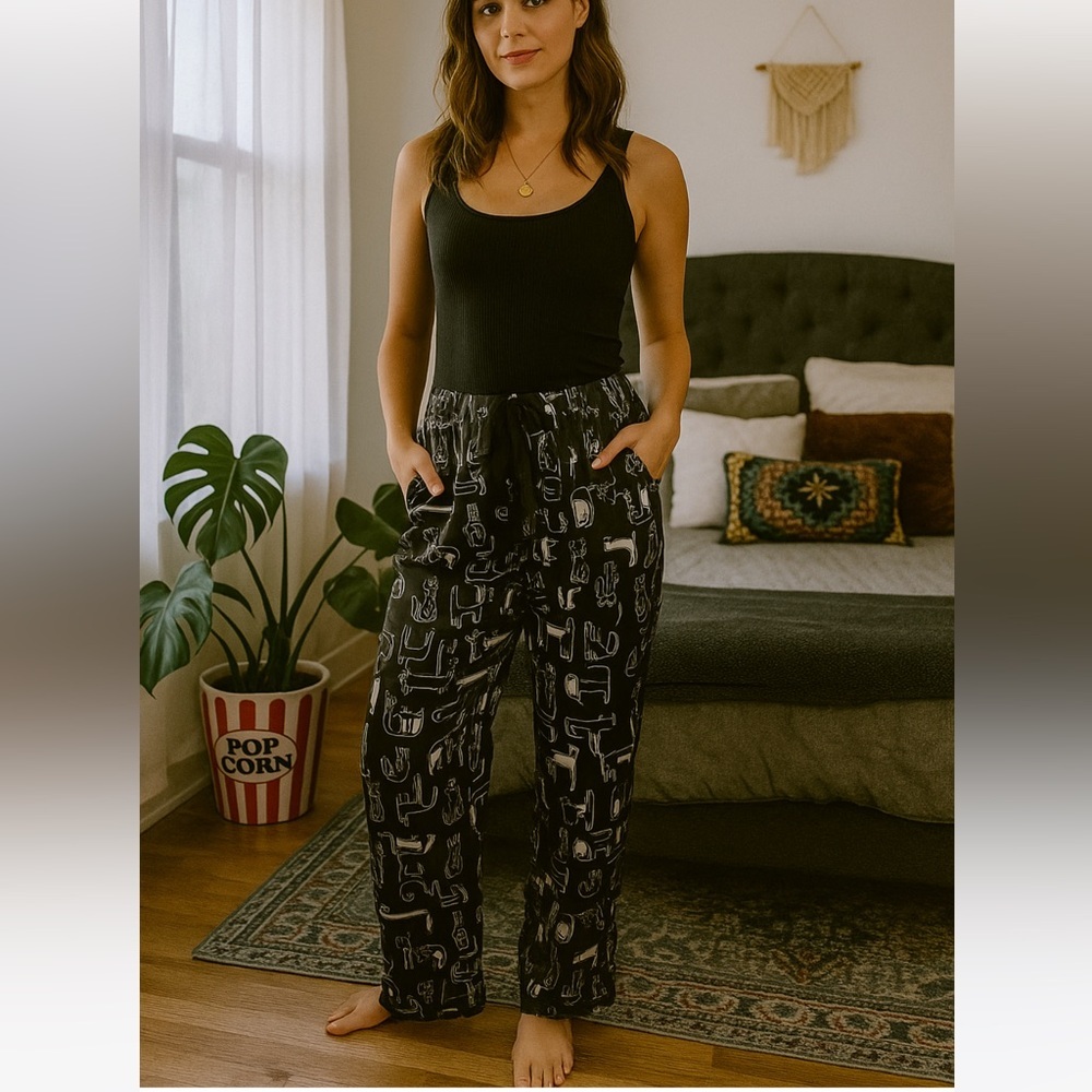 TAHARI | Black and White Cat Print Pajama Pants